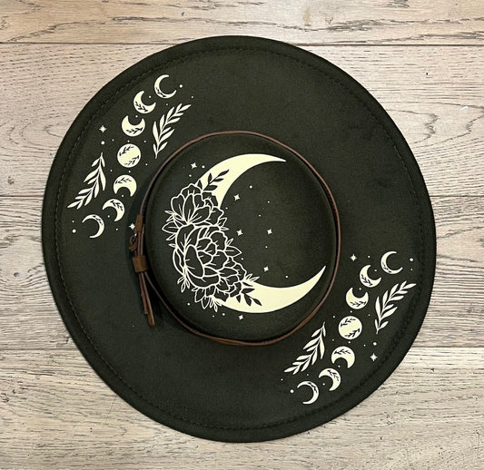 Vegan Felt Wide Brim Hat - Flat Top - Olive - Floral Moon