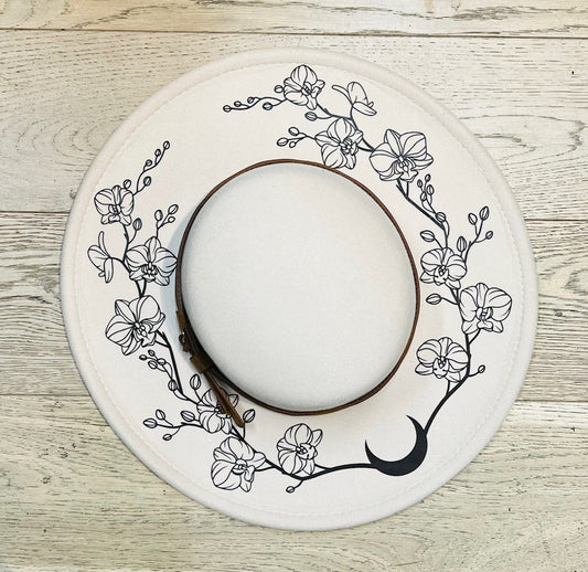 Vegan Felt Wide Brim Hat - Flat Top - Cream - Orchids Outline