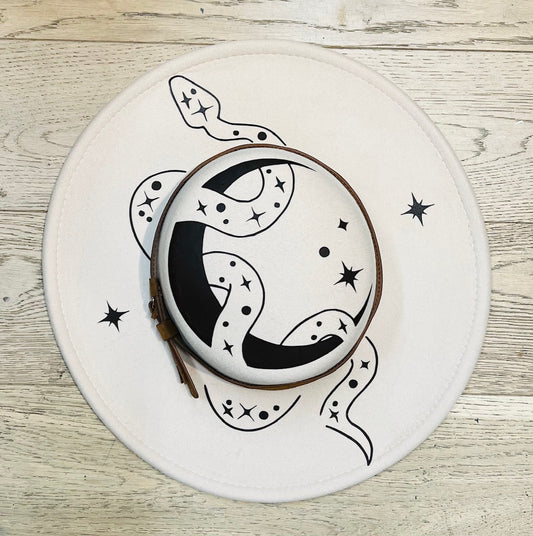 Vegan Felt Wide Brim Hat - Flat Top - Cream - Snake Moon