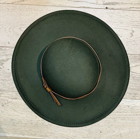 Vegan Felt Wide Brim Hat - Flat Top XL Brim - Olive -Plain - READY TO SHIP