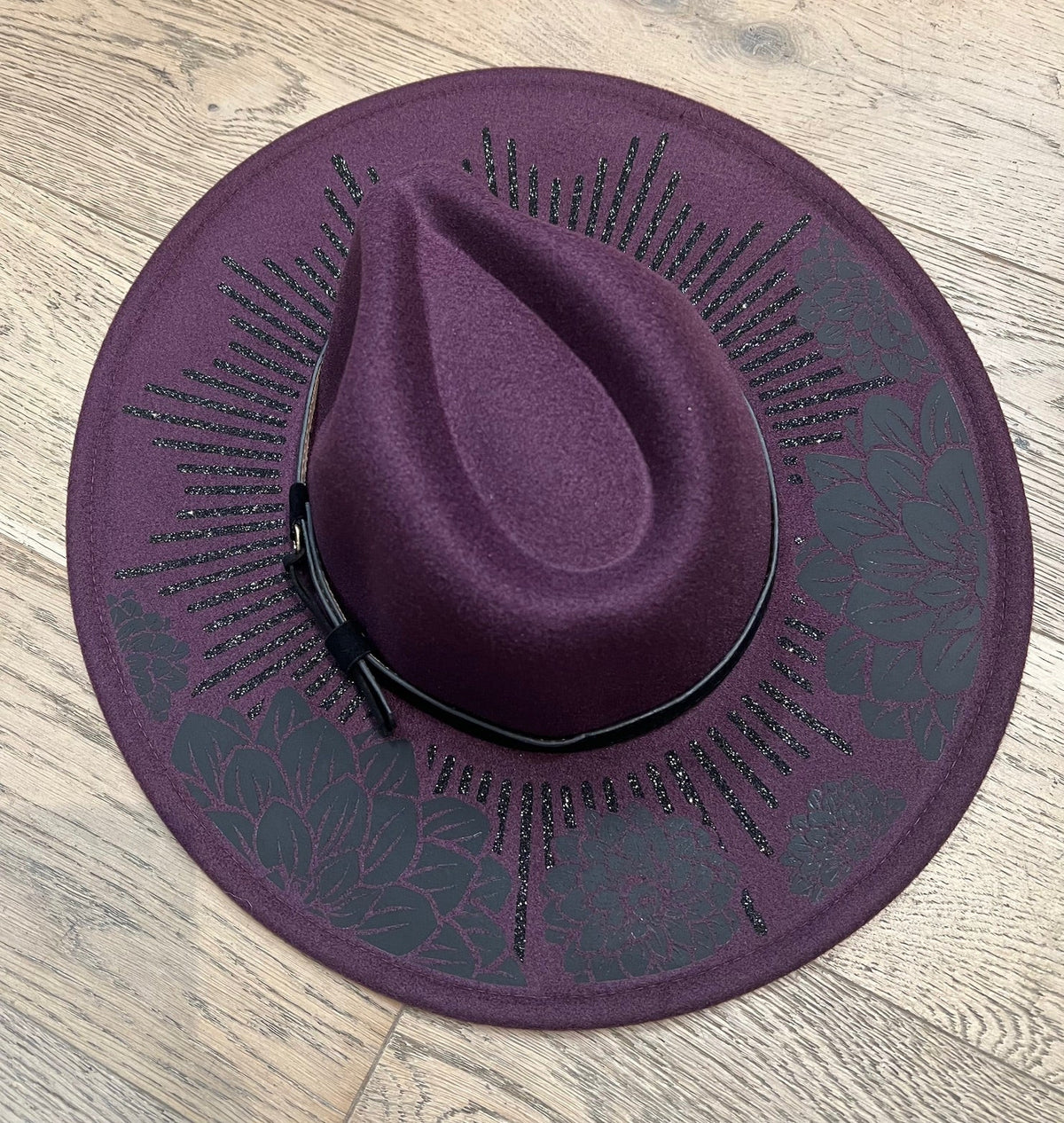 Vegan Felt Wide Brim Hat - XL Brim - PLUM - Black Dahlia Burst