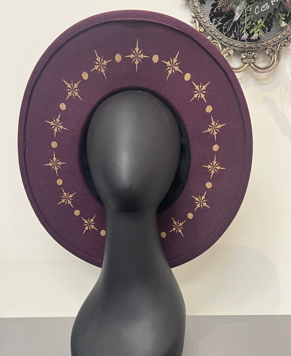 Vegan Felt Wide Brim Hat - XL Brim - PLUM - Starburst Crown