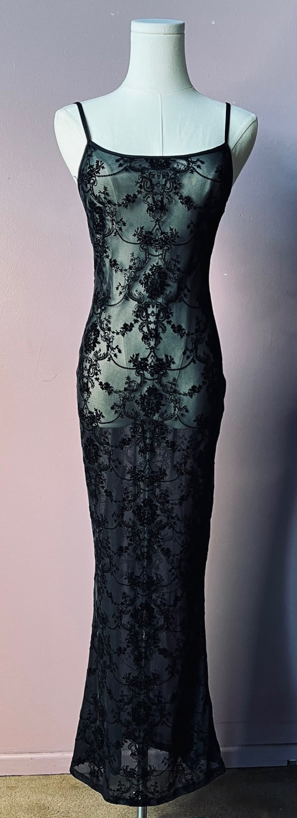 Sheer Hourglass Maxi Dress - Velvet Flocked Gothic DAMASK - READY TO SHIP