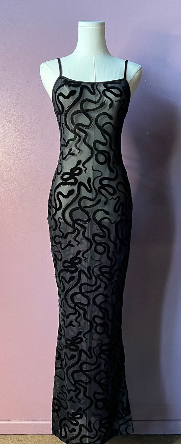 Sheer Hourglass Maxi Dress - Velvet Flocked SNAKES - READY TO SHIP