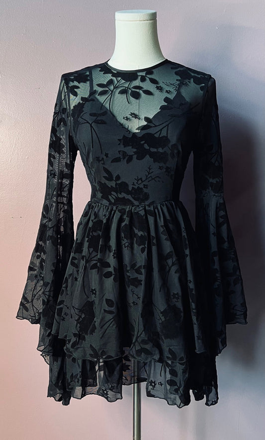 MELANTHA - Velvet GOTHIC FLORAL Flocked Mini Dress with Witchy Bell Sleeves - READY TO SHIP