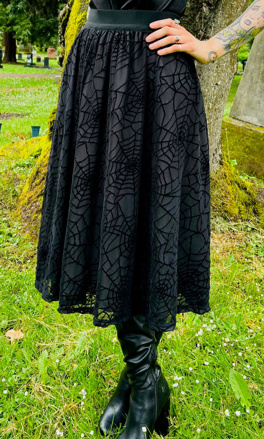 The Aradia Skirt  - Velvet Spider Web Flocked Full SKIRT - READY TO SHIP