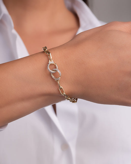 14k Gold Large Open Link Chain Bracelet with Diamond Handcuffs
