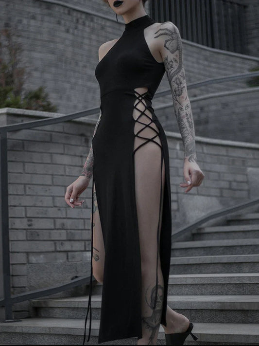 Halter High Split Black Dress