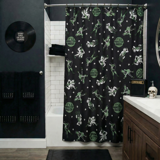 Sourpuss Monster Mosh Shower Curtain | Frankenstein Mummy Werewolf Polyester Bathroom Decor