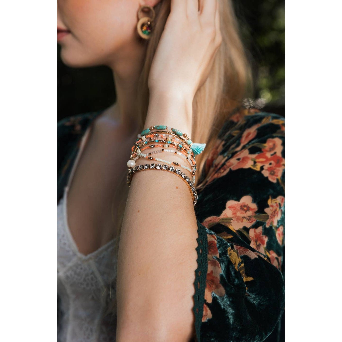 Sweet Pastel Studded Beads Stack of 9 Layering Bracelets | Beads and Studs Bohemian Inspired Jewelry