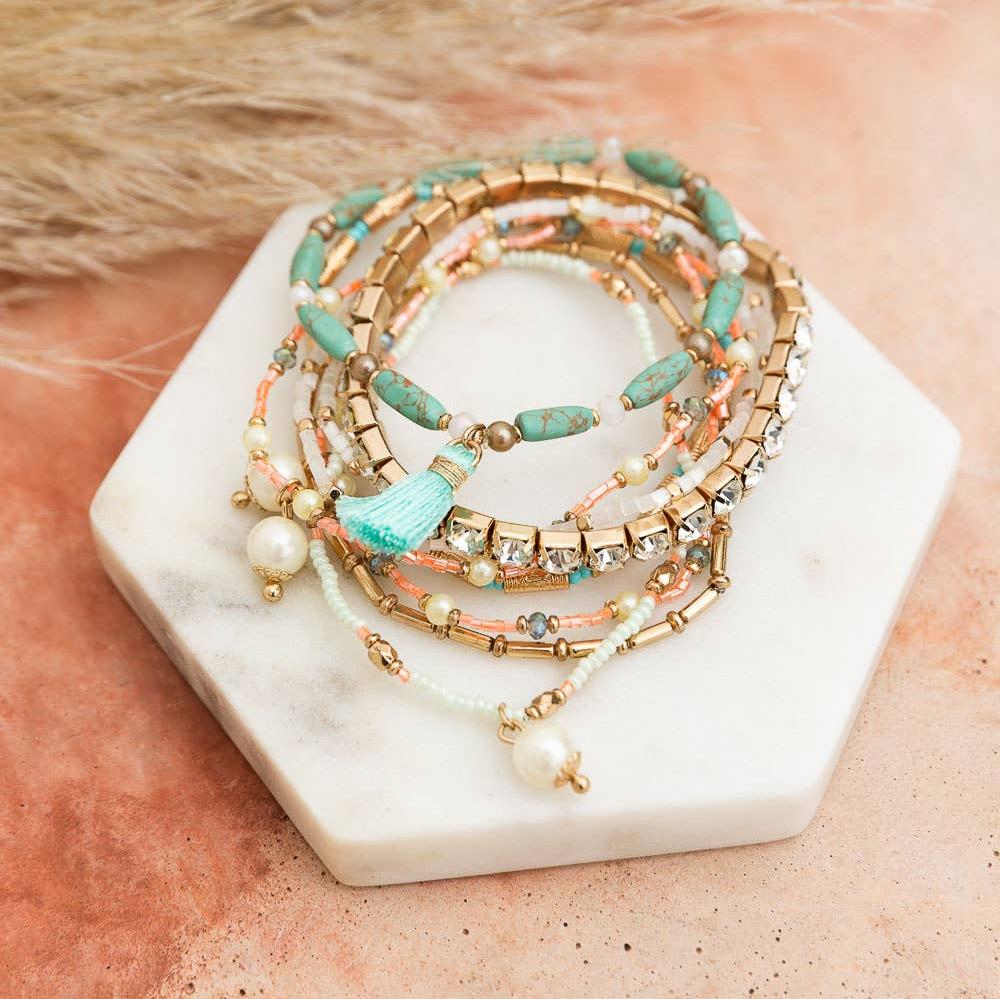 Sweet Pastel Studded Beads Stack of 9 Layering Bracelets | Beads and Studs Bohemian Inspired Jewelry