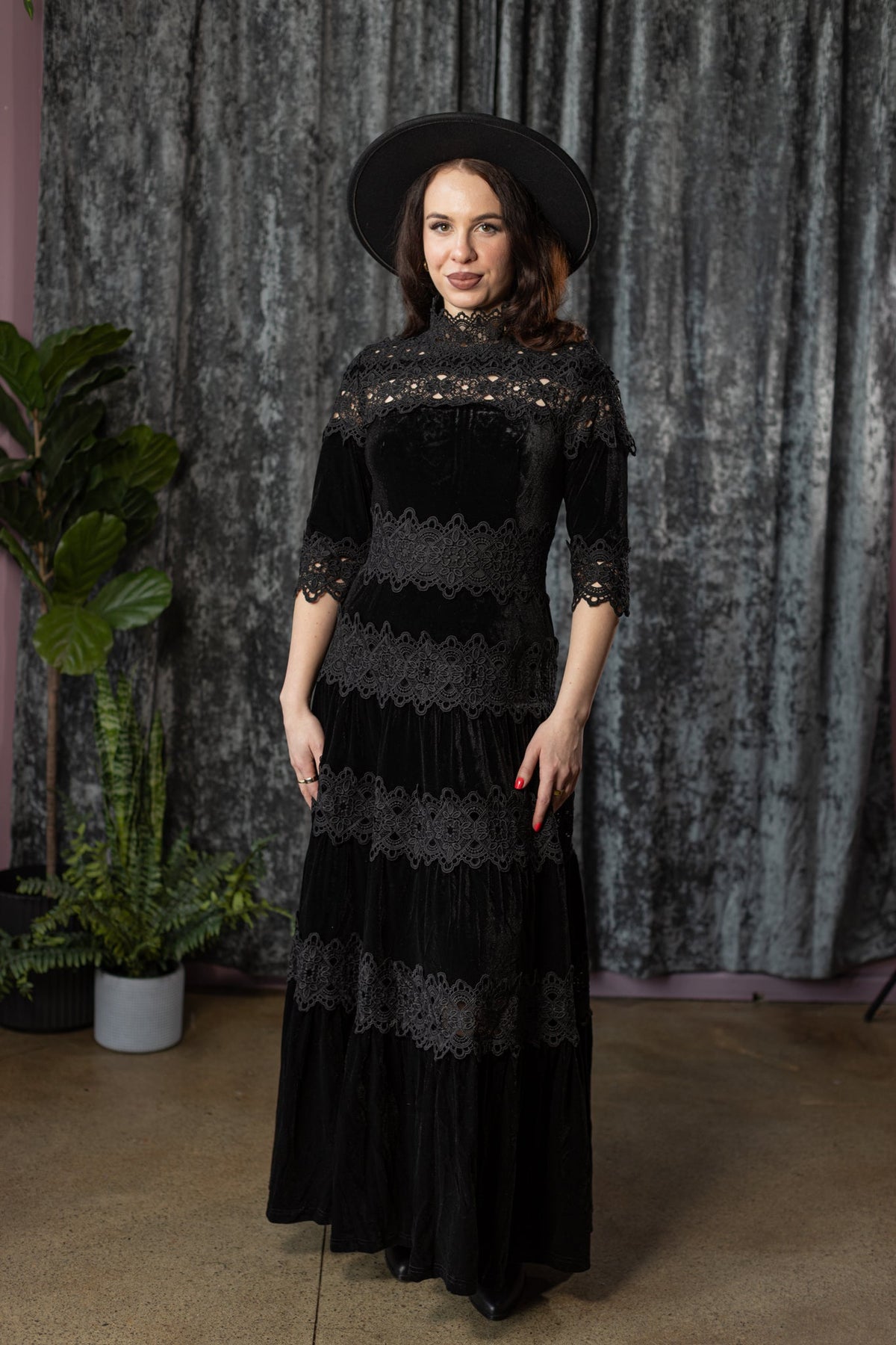 ELOWYN - Velvet and lace tiered maxi dress - READY TO SHIP