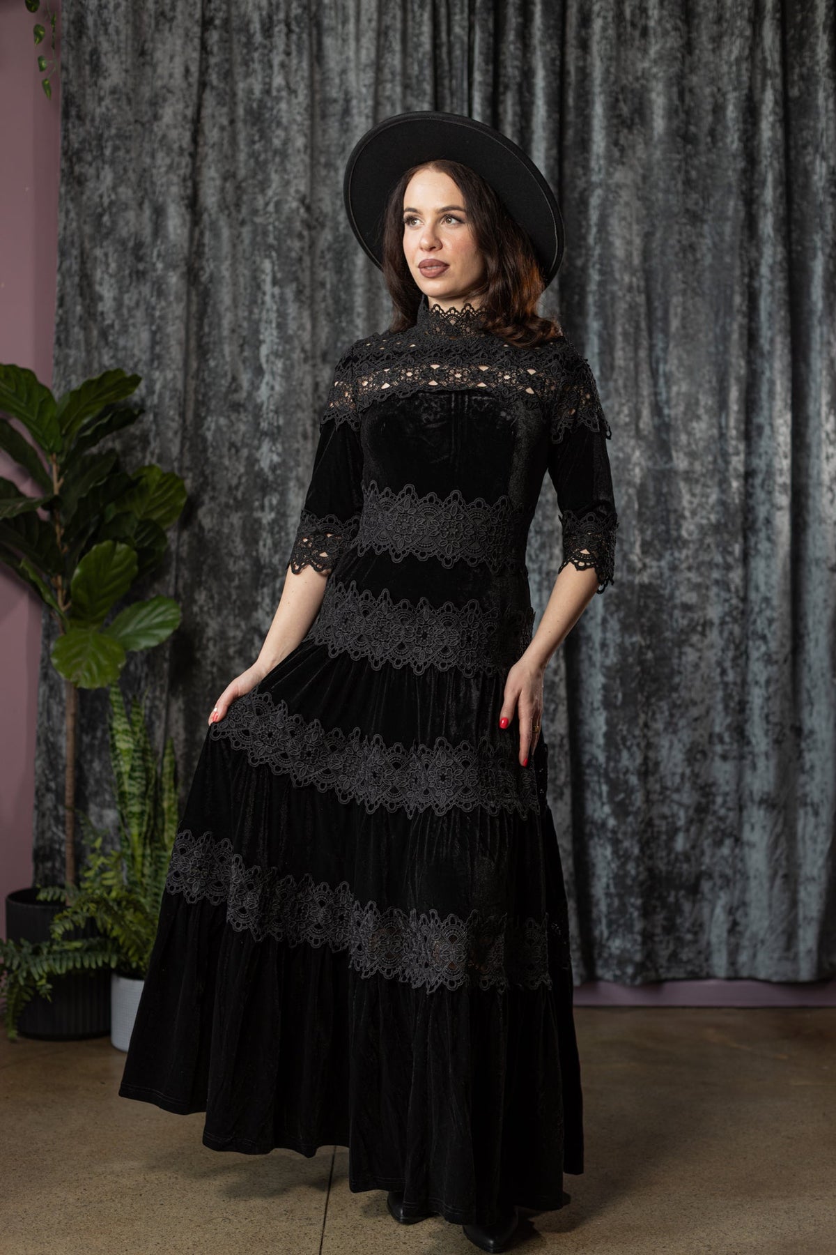 ELOWYN - Velvet and lace tiered maxi dress - READY TO SHIP
