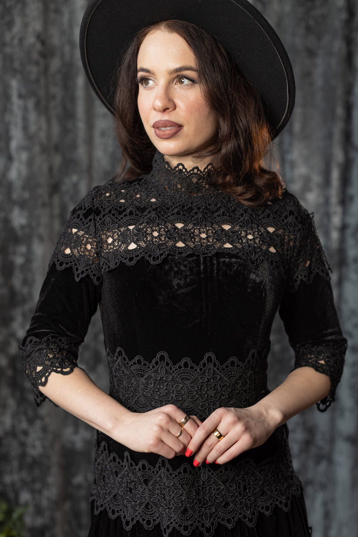 ELOWYN - Velvet and lace tiered maxi dress - READY TO SHIP