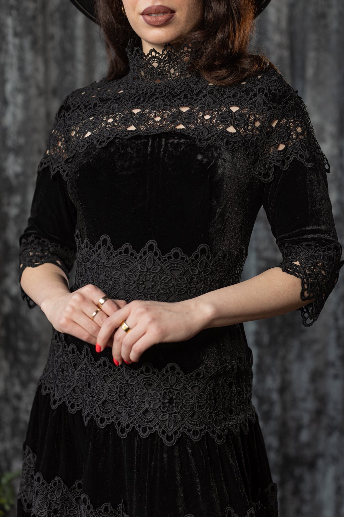 ELOWYN - Velvet and lace tiered maxi dress - READY TO SHIP