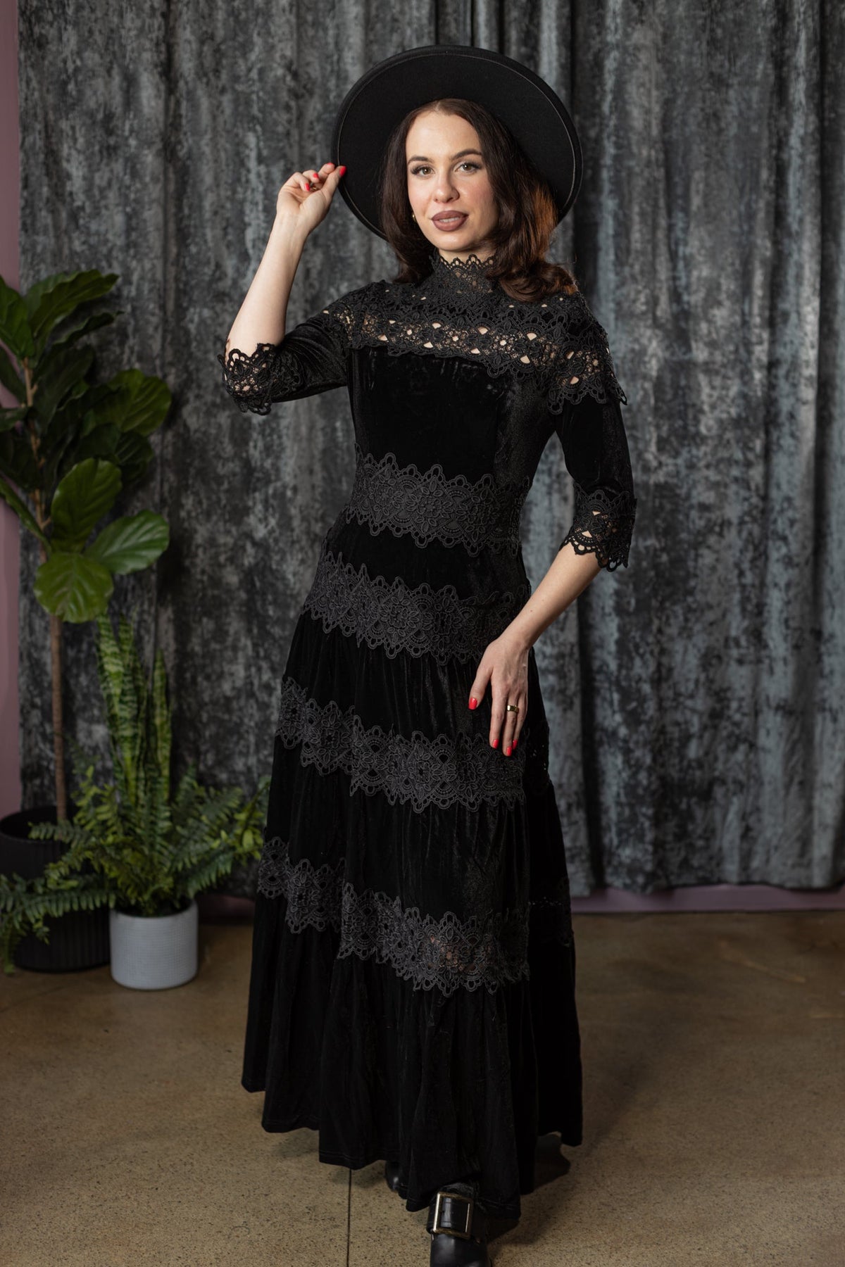 ELOWYN - Velvet and lace tiered maxi dress - READY TO SHIP