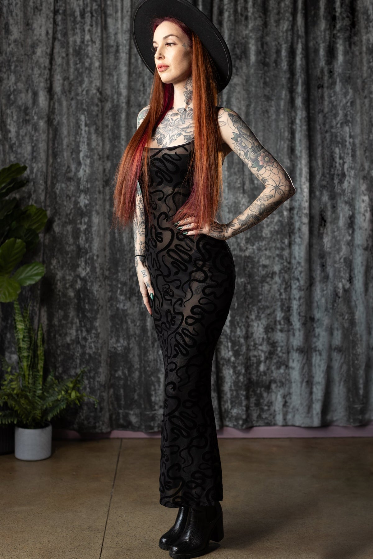 Sheer Hourglass Maxi Dress - Velvet Flocked SNAKES - READY TO SHIP