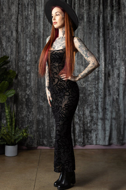 Sheer Hourglass Maxi Dress - Velvet Flocked SNAKES - READY TO SHIP