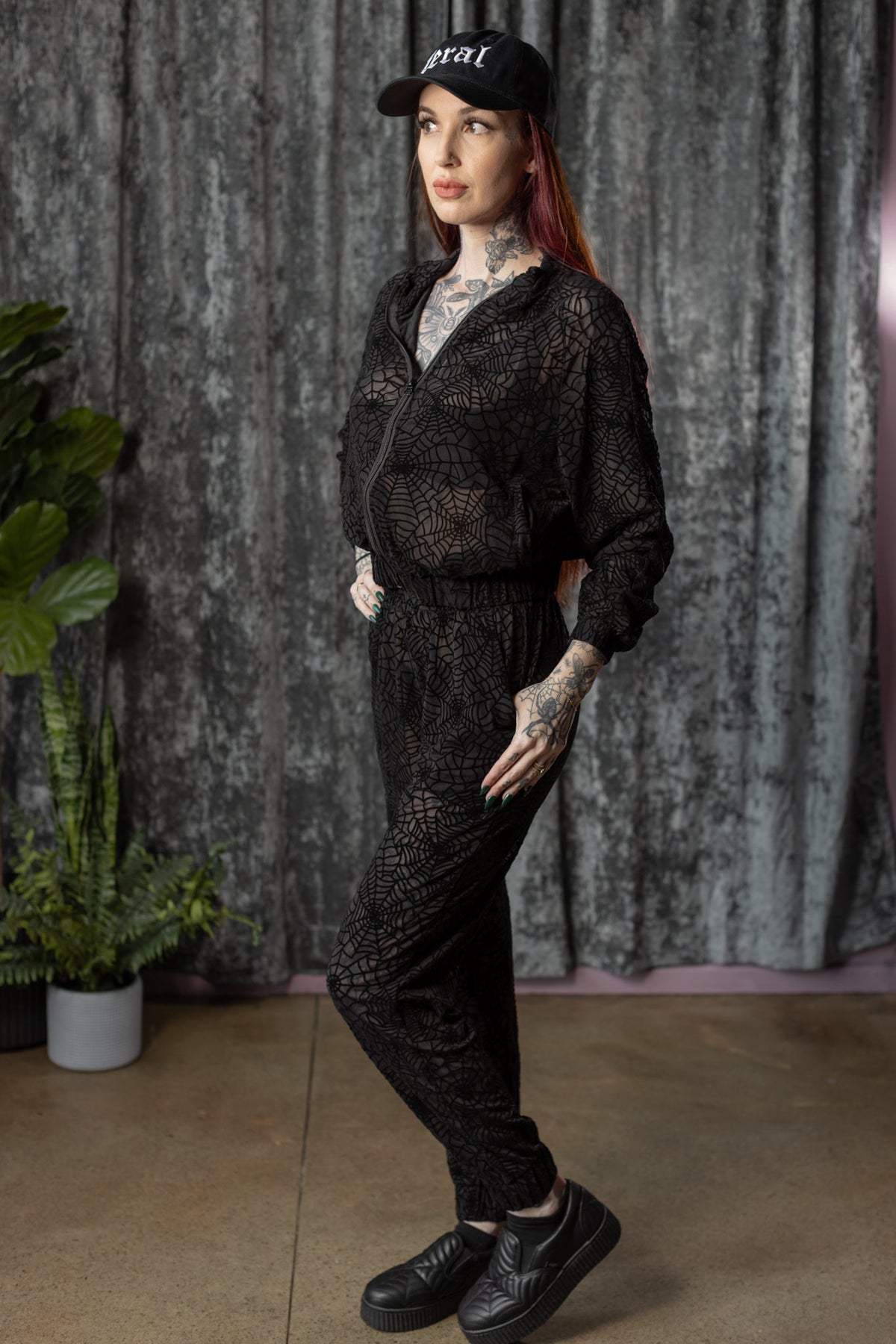 The SINFUL Track Suit Set - WEBS - Sheer Velvet Flocked Web Track Jacket & Jogger Set - READY TO SHIP