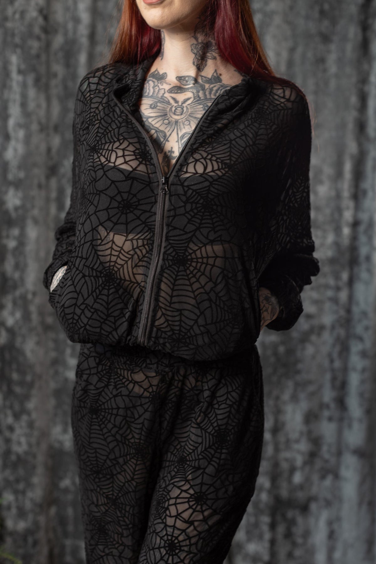 The SINFUL Track Suit Set - WEBS - Sheer Velvet Flocked Web Track Jacket & Jogger Set - READY TO SHIP