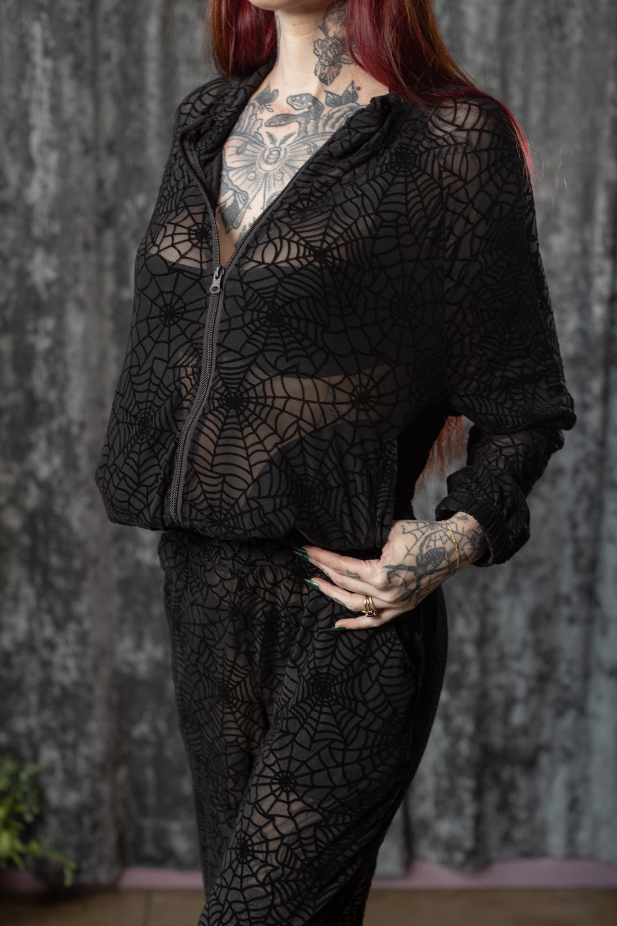 The SINFUL Track Suit Set - WEBS - Sheer Velvet Flocked Web Track Jacket & Jogger Set - READY TO SHIP