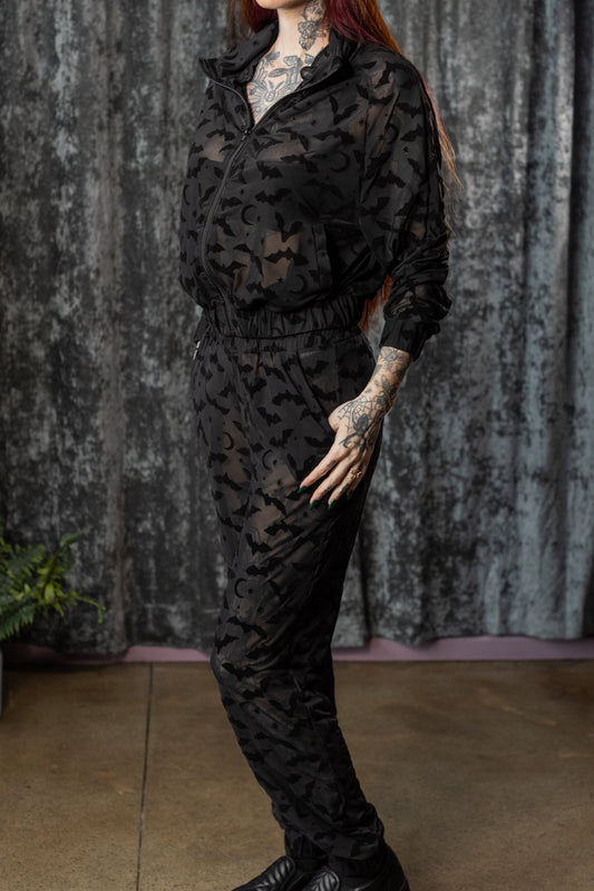 The SINFUL Track Suit Set - BATS - Sheer Velvet Flocked Bat Track Jacket & Jogger Set - READY TO SHIP