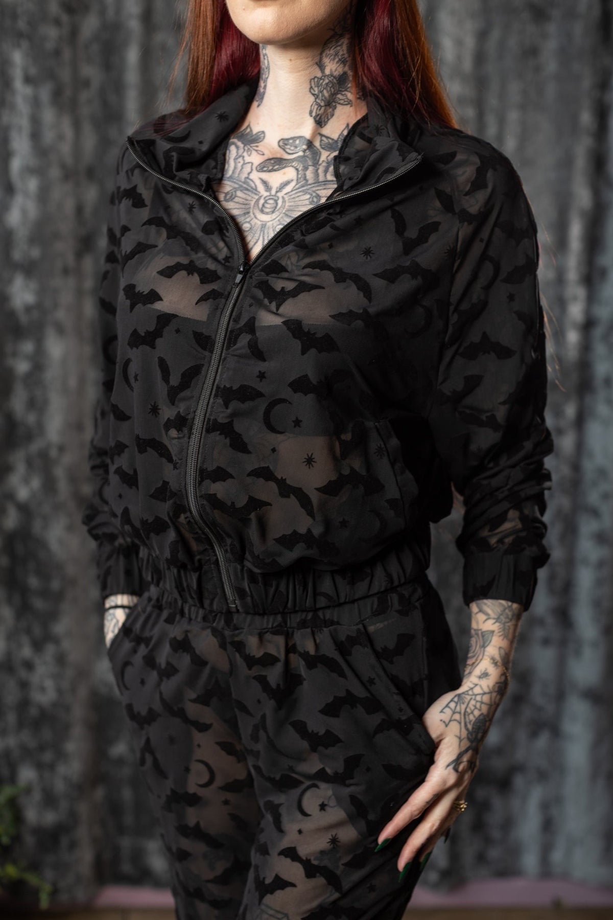 The SINFUL Track Suit Set - BATS - Sheer Velvet Flocked Bat Track Jacket & Jogger Set - READY TO SHIP
