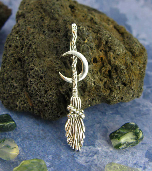 Broomstick with Crescent Moon Pendant, Handmade - 925 Sterling Silver