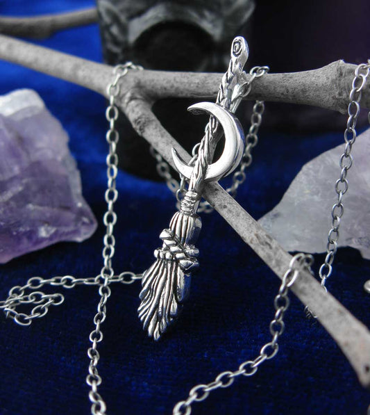 Broomstick with Crescent Moon Pendant, Handmade - 925 Sterling Silver