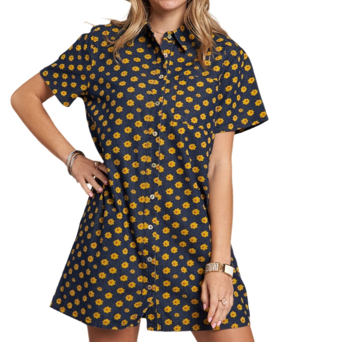 Yellow Flowers Button Down Denim Shirt Dress | Fashion Mini Dress [Available in SM]