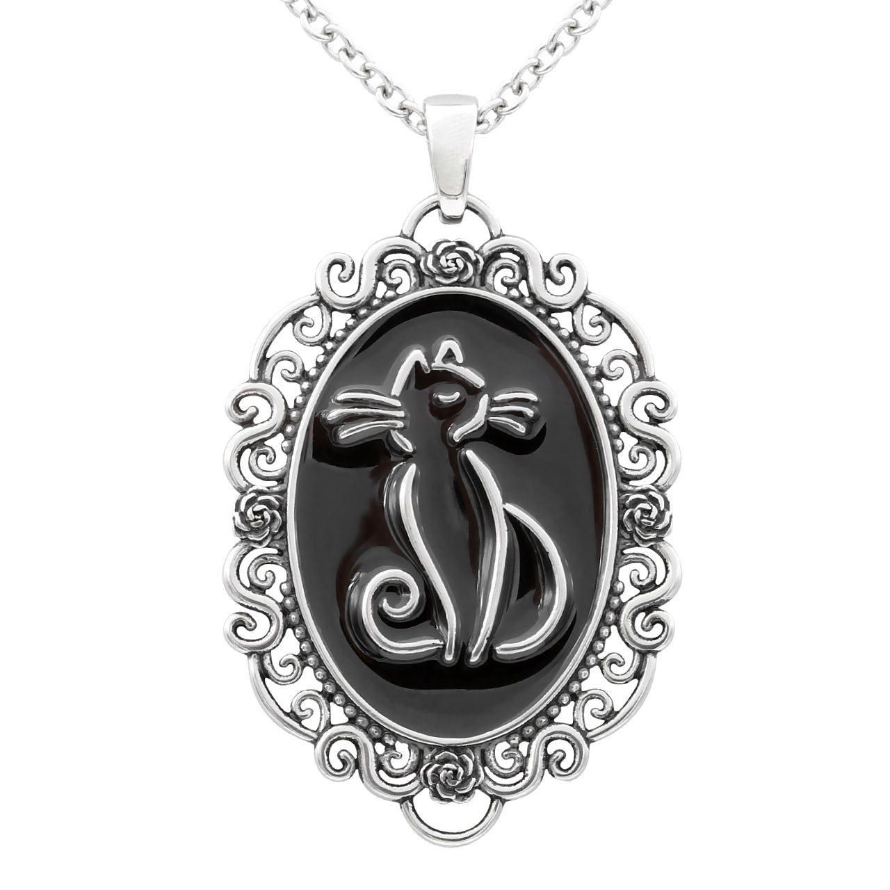 Black Cat Cameo Necklace Vintage Silver Antique Pendant