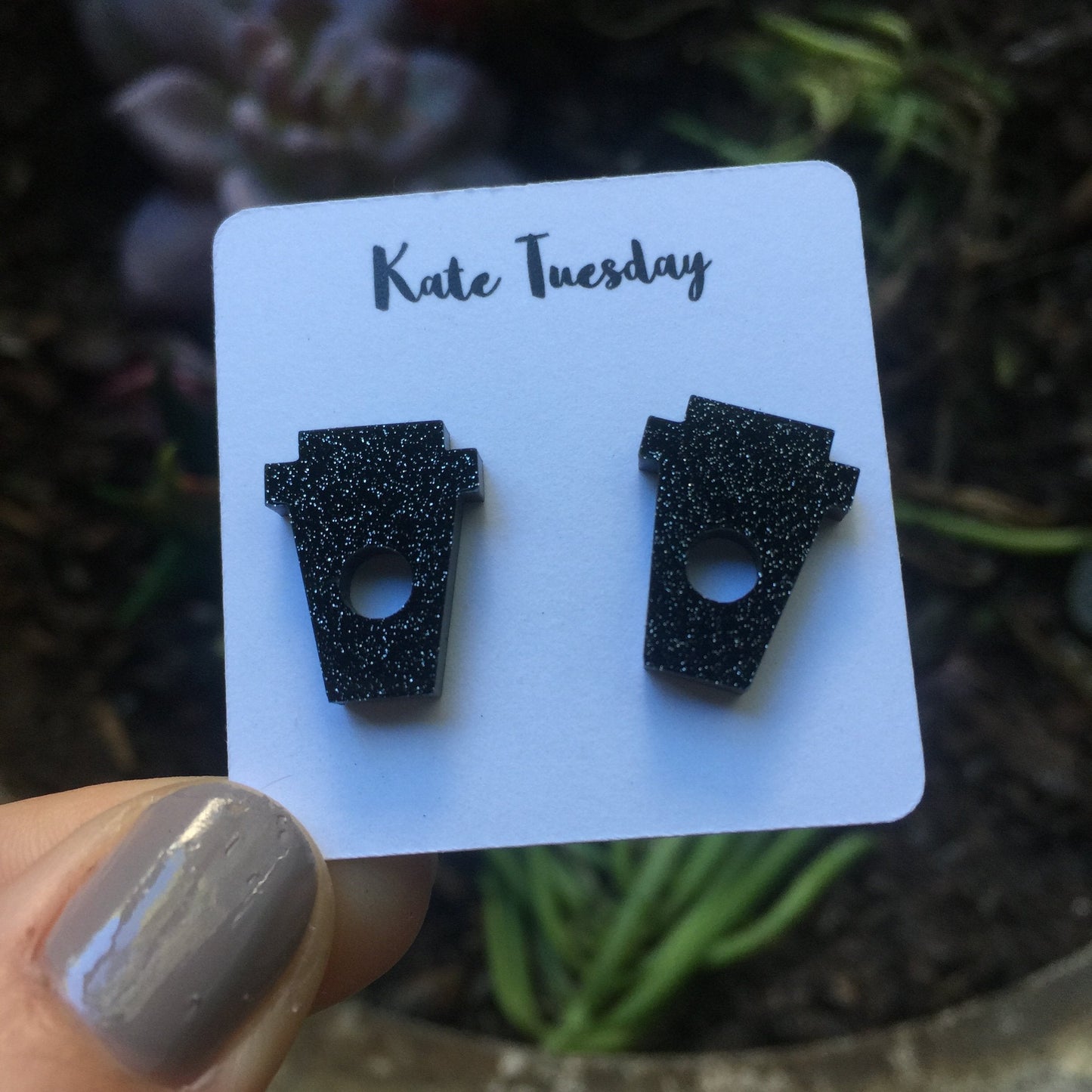 Black Glitter Coffee Cup Stud Acrylic Lightweight Earrings