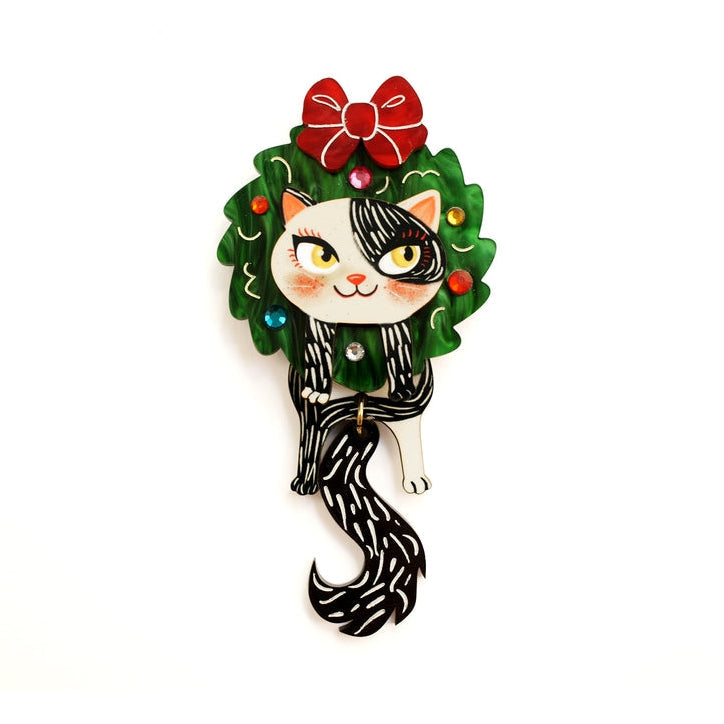 Cat in A Christmas Wreath Brooch by Laliblue