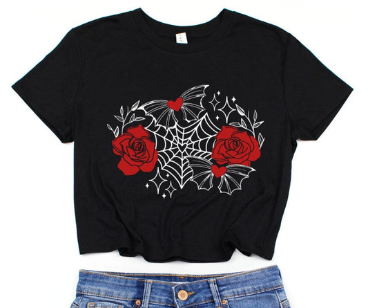 Cropped T-Shirt - Webbed Heart Roses