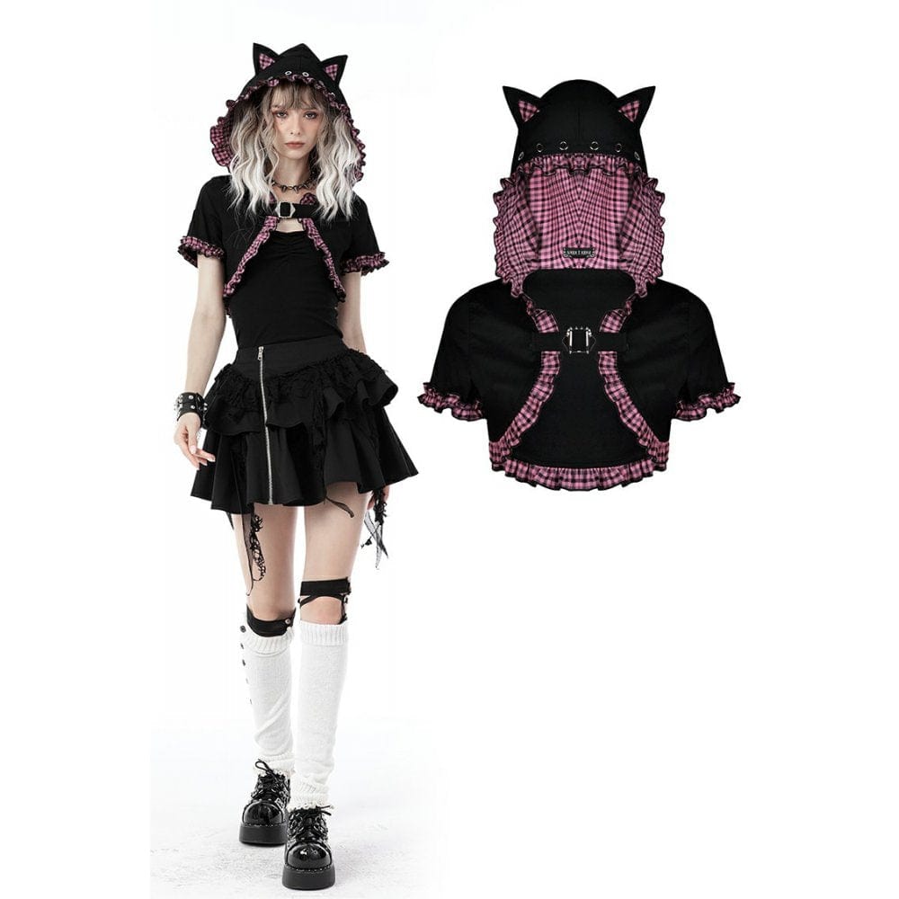 Pink Familiar Plaid Cat-Ear Cape