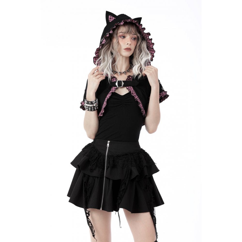 Pink Familiar Plaid Cat-Ear Cape
