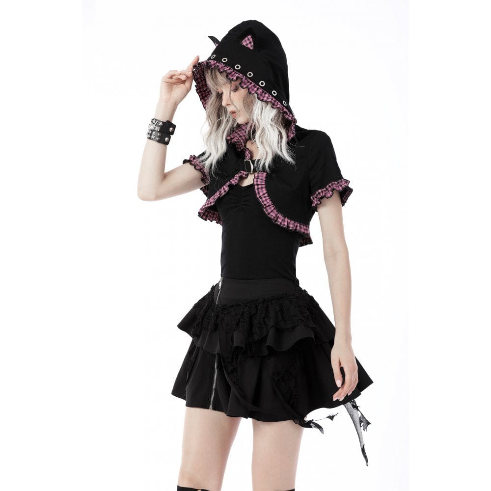 Pink Familiar Plaid Cat-Ear Cape