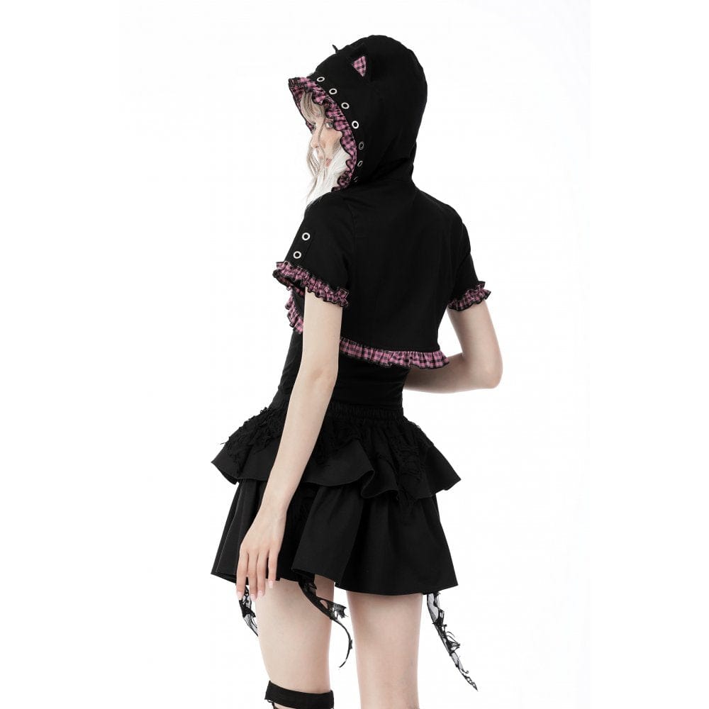 Pink Familiar Plaid Cat-Ear Cape