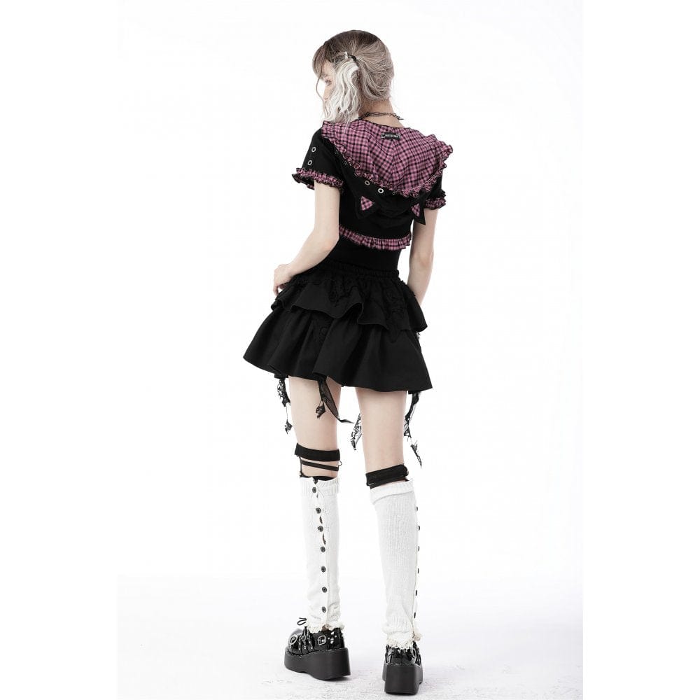 Pink Familiar Plaid Cat-Ear Cape