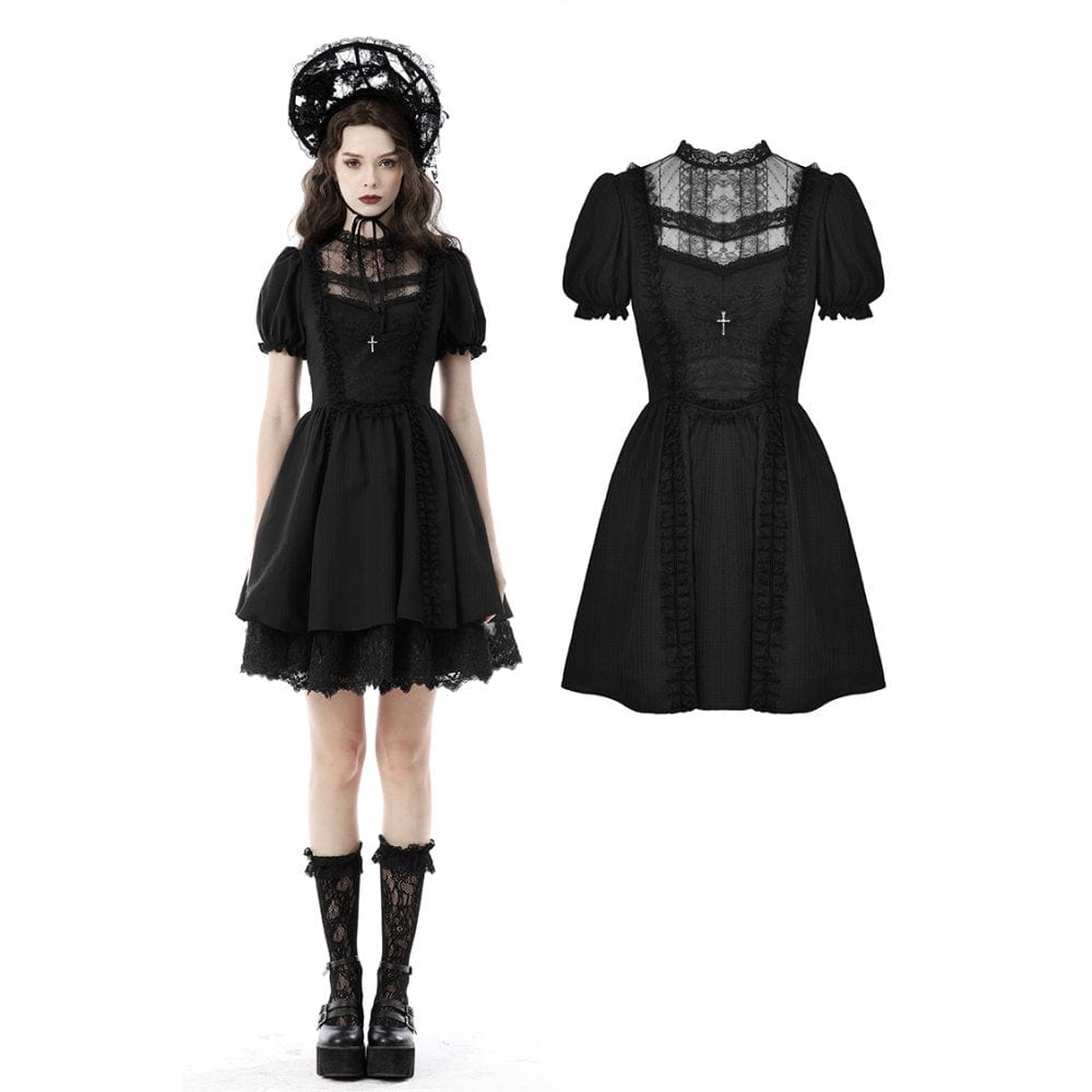 Porcelain Shadow Puff-Sleeve Lace Dress