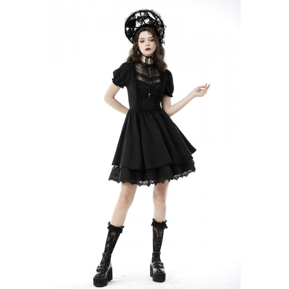Porcelain Shadow Puff-Sleeve Lace Dress