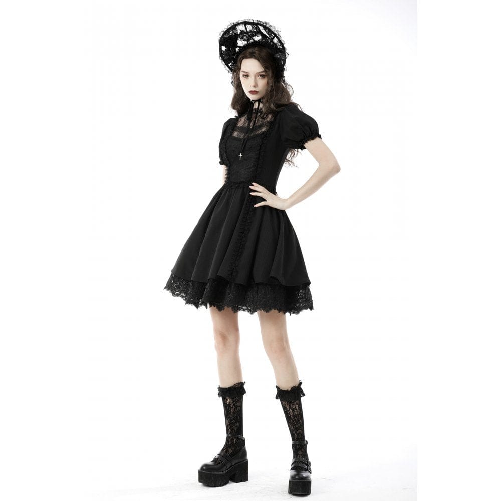 Porcelain Shadow Puff-Sleeve Lace Dress