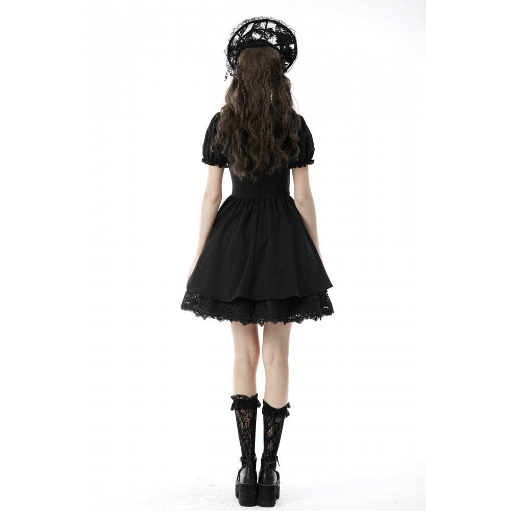 Porcelain Shadow Puff-Sleeve Lace Dress