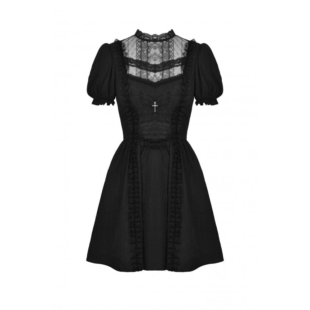Porcelain Shadow Puff-Sleeve Lace Dress