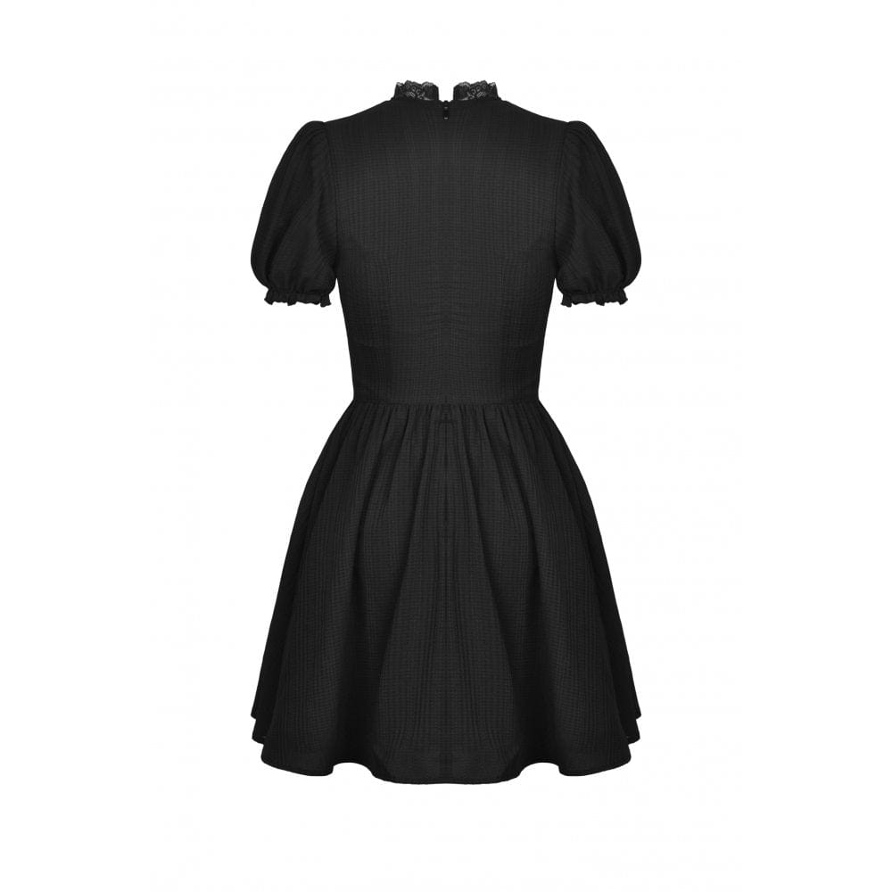 Porcelain Shadow Puff-Sleeve Lace Dress