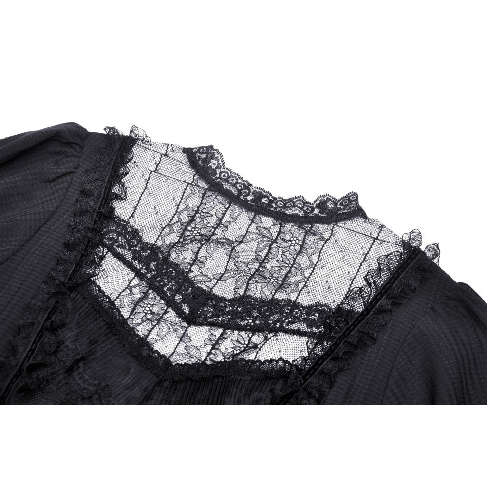 Porcelain Shadow Puff-Sleeve Lace Dress