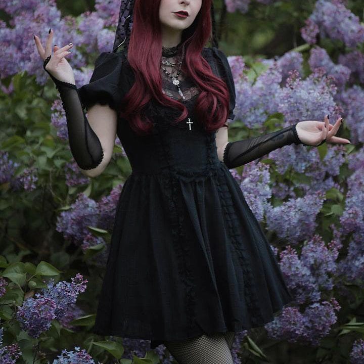 Porcelain Shadow Puff-Sleeve Lace Dress