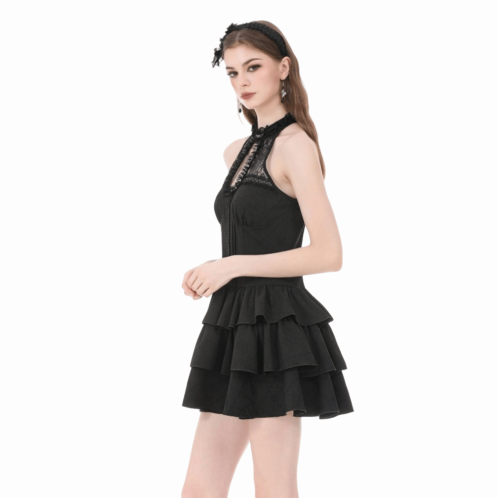 Midnight Cascade Ruffled Halter Dress