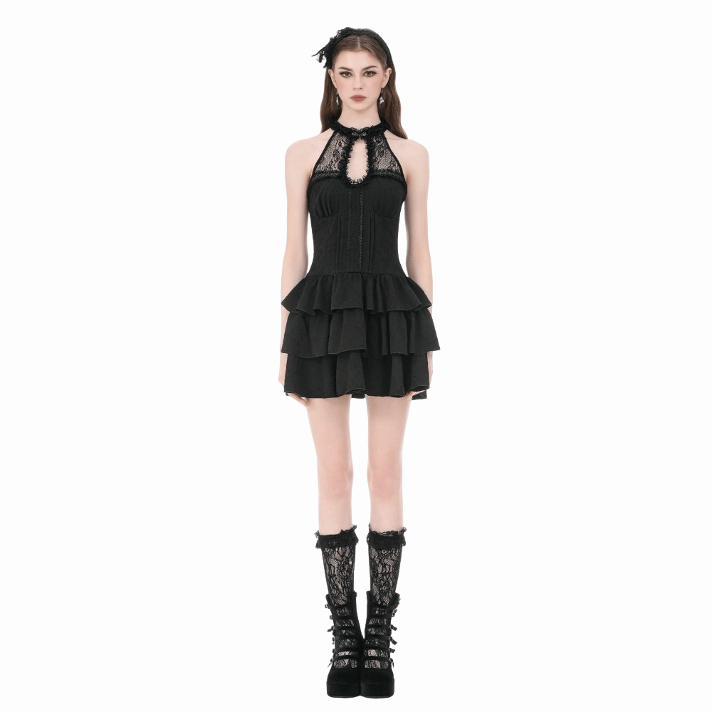 Midnight Cascade Ruffled Halter Dress