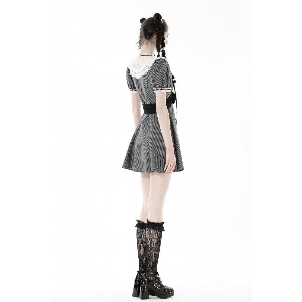 Clockwork Doll Striped Lace-Collar Dress